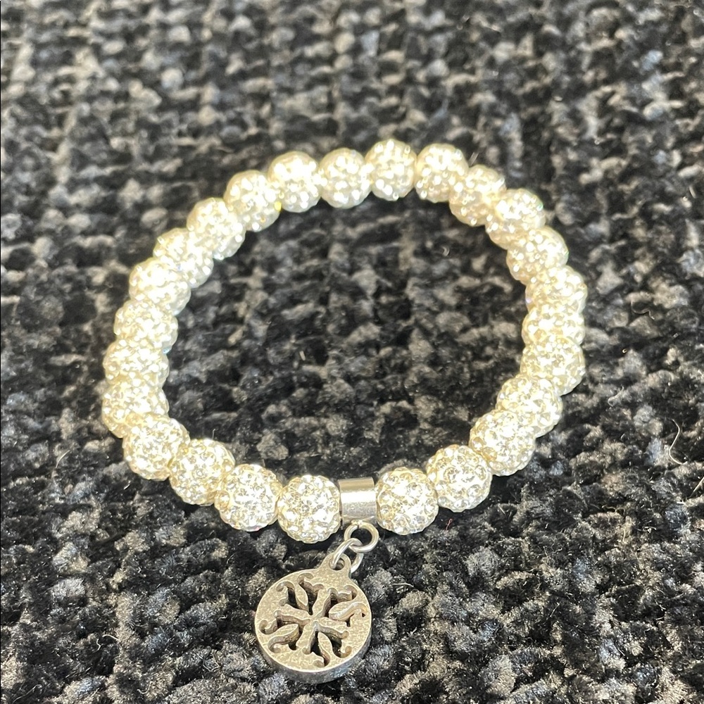 Rustic Cuff White Beaded Bracelet with Silver Charm - Picture 2 of 5